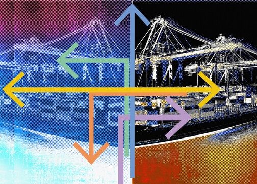 Shipping containers in dock with arrows in different directions