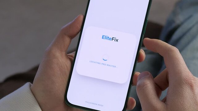 Close-up of a person booking a repair technician via a mobile app. Sequential shots show the process from requesting a specialist to Master Dispatched status. Perfect for tech support, maintenance