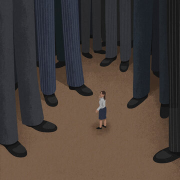 Small businesswoman surrounded by legs of tall businessmen 