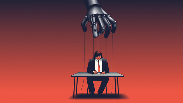 Robot hand controlling unhappy businessman puppet