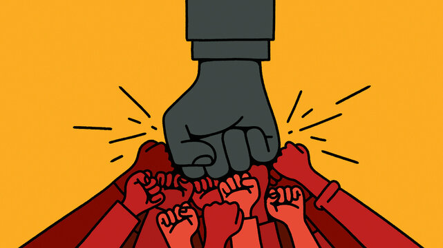 Large fist crushing lots of small fists