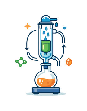 Soxhlet extraction cycle for continuous solvent extraction in chemical laboratories, a simple flask connected to a vertical chamber with repeated droplet flow indicating cyclic