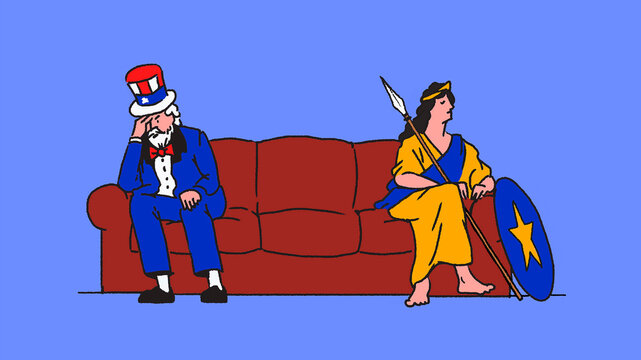 Uncle Sam and Athena with European Union shield sitting separated on sofa