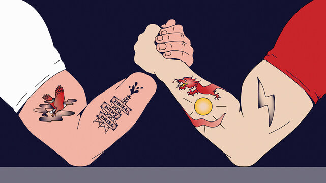 China and United States arm wrestling over oil and renewable electricity production
