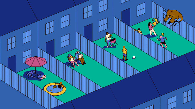 Russian bear invading garden at one end of row houses while people at the other end are oblivious