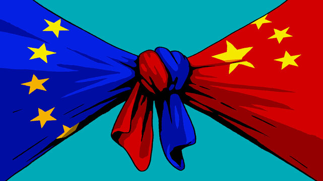 European Union and Chinese flags tied in knot together