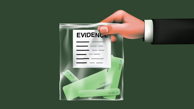 Hand holding evidence bag containing text message speech bubbles
