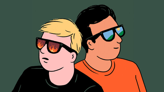 Two young men seeing different futures in glasses