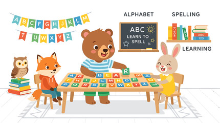 Obraz premium Cute Animals Learning Alphabet and Spelling in a Classroom Setting