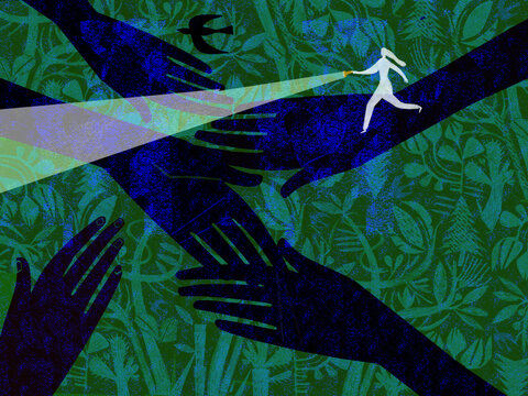Woman with torch finding the way forward with helping hands
