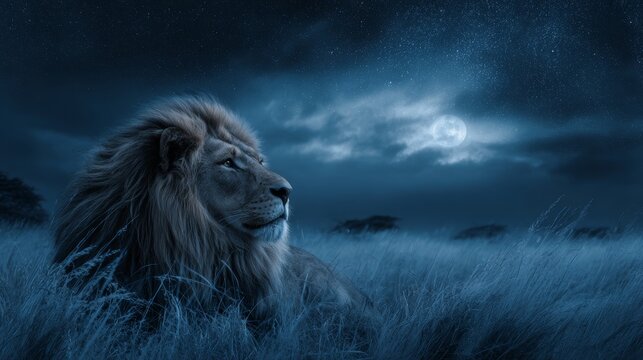 African lion savannah night moonlight landscape king animal majestic proud wildlife fantasy staring at stars dramatic sky nature wilderness concept