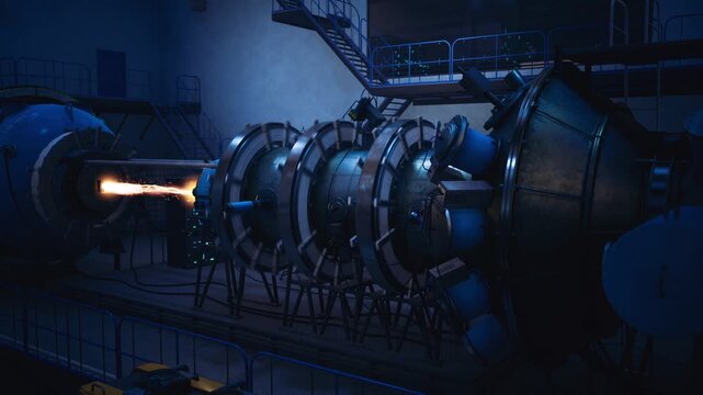 Maintenance inspection on turbine assembly, scaffolding and platform surrounding rotor, bolted casings exposed, implied technician workflow, toolbench