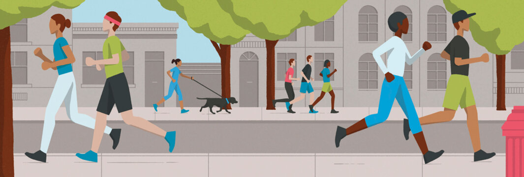 Lots of people jogging in city street