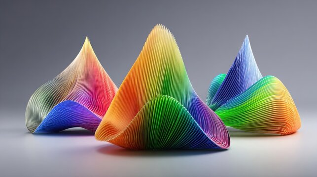 Vibrant rainbow colored abstract forms with smooth curved shapes in a bright studio setting