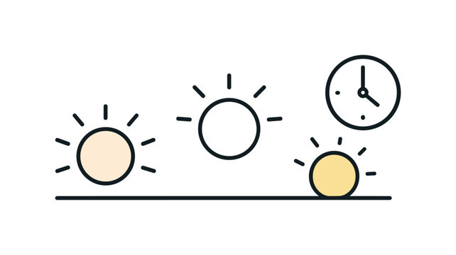 Adapting to seasonal daylight changes and maintaining consistent daily rhythm emphasizing balance and awareness, a simple horizon line with a shifting sun position and a small