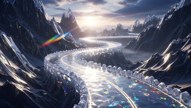 Surreal winding road made of ice and snow, illuminated by the warm glow of sunrise, carving through a dramatic mountain landscape.