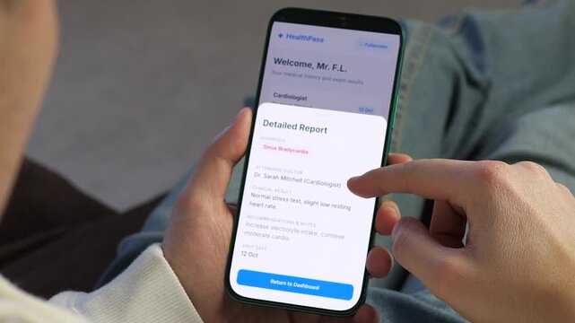 User interacting with a sleek medical application on a smartphone. Navigating through doctor lists to view clinical results and heart health data. Perfect for health tech showcases, mobile UI design