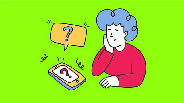 man sitting sadly looking at smartphone with question mark icon