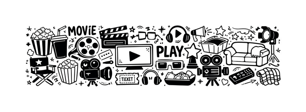 Movie Night theme  a dense horizontal doodle collage of  hand-drawn cinema and entertainment objects packed tightly together on a white background like a