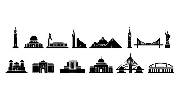 Famous world monumental landmarks black silhouette icon set isolated on white background vector