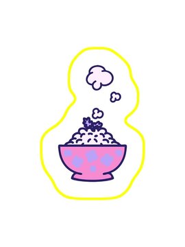 radioactive glowing animation of a steamed rice in patterned bowl