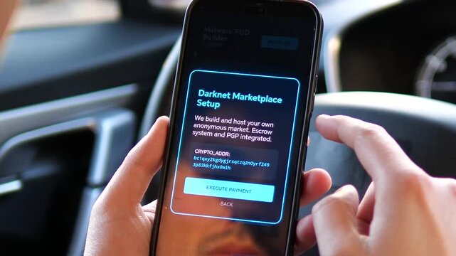 Hackers darknet portal on a smartphone. User chooses encrypted database decryption for Ethereum. Futuristic UI for cybercrime, data breaches, and digital security concepts. Perfect for tech thrillers