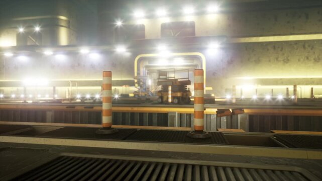 Lit construction underpass with safety poles and barrier posts, coarse concrete floors, temporary rail segments, reflected light and distant machinery