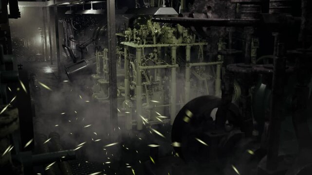 Foggy boiler workshop with glowing sparks and ember, furnace casings and gauge clusters dominate scene, piping and tanks layered in soot, restoration prospect