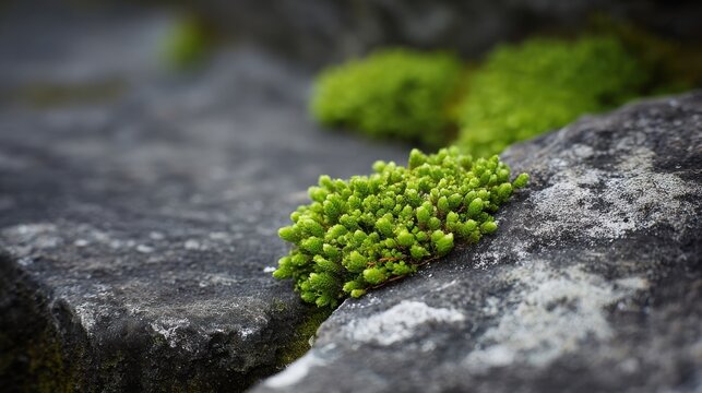 Vibrant green moss cluster thrives in the crevices of a rough gray rock, showcasing resilient natural growth in close-up detail.