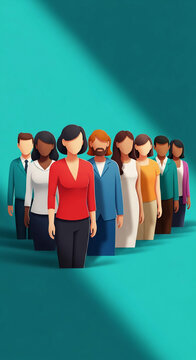 Illustration of diverse faceless person in work attire against teal backdrop, representative of team, cooperation, or business professional