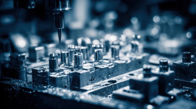 Black anodized aluminum components with brushed texture being precisely machined in a factory setting