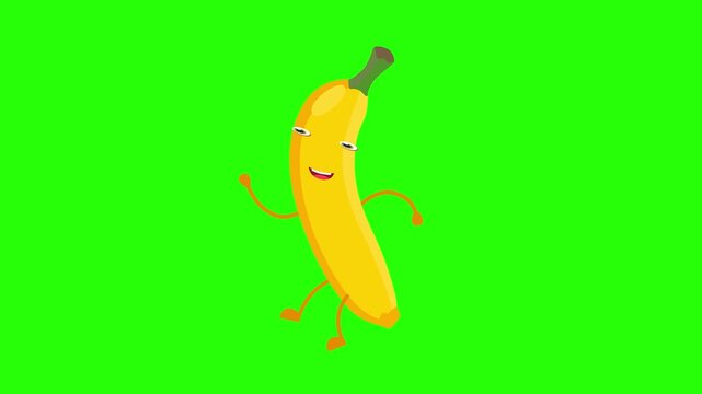 A Cheerful Animated Banana Character 4k stock animation video on a green screen background for chroma key background for video editing.