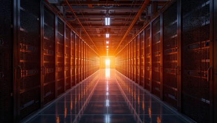 Obraz premium Bright Exit in Dark Server Room with Reflections on the Floor