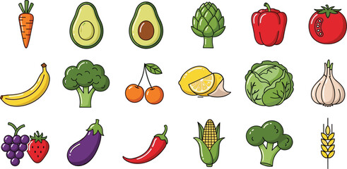 Fototapeta premium Organic fruit and vegetable vector icon set. Flat illustrations of avocado, artichoke, broccoli, bell pepper, tomato, and wheat for healthy food and app design.