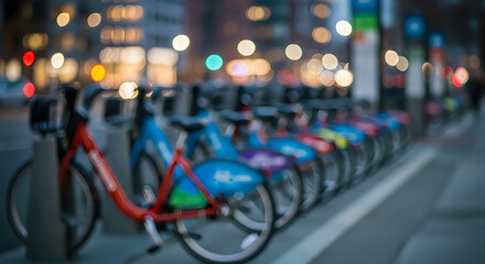 Fototapeta premium Blurred image of a row of colorful bicycles parked on a city street at night with bokeh lights