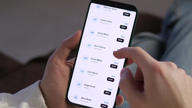 Close up of hands scrolling through a medical app to find a specialist. Screen displays list of doctors including cardiologists and neurologists with prices. Concept of telemedicine, digital