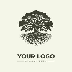 Fototapeta premium Circular oak tree logo design with intricate roots and branches for branding.