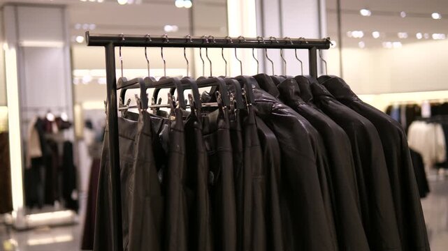 Stylish rack with black leather jackets in modern fashion store. Luxury retail display highlighting premium clothing and minimalist design. Perfect footage for fashion marketing, shopping concepts