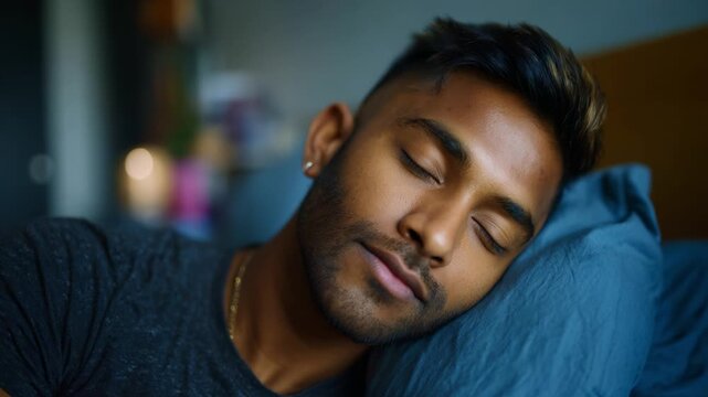 A Peaceful Young Man Enjoys a Deep Sleep on Soft Pillows, Experiencing Relaxation and Serenity in a Cozy Bedroom Environment with Dim Light.