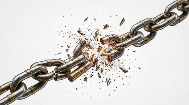 Broken rusty metal chain links with debris and dust particles on white isolated background