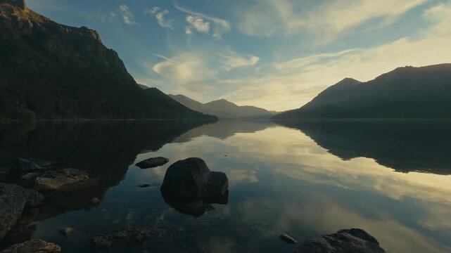 Stunning reflection of sunset sky with clouds and surrounding mountains at Lago Gutierrez in Bariloche Argentina