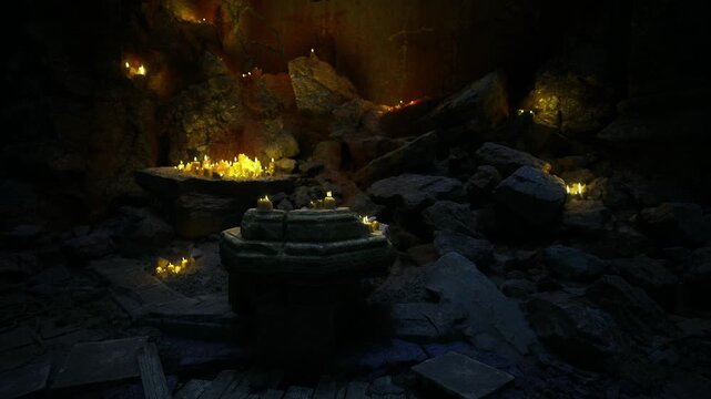 Glowing candle altar in cave, ancient ritual atmosphere with stone basin and flickering flame surrounded by mossy rocks and sootstreaked walls, distant echo