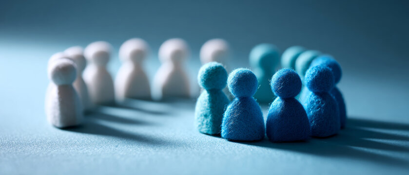 Two groups of blue and white felt figures facing each other on a blue surface casting long shadows symbolizing teamwork and division