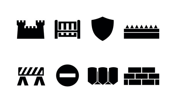 Barrier and protection wall: fortress wall, security barrier, shield wall, boundary line, blocked path, defense structure, no entry sign, protection bricks