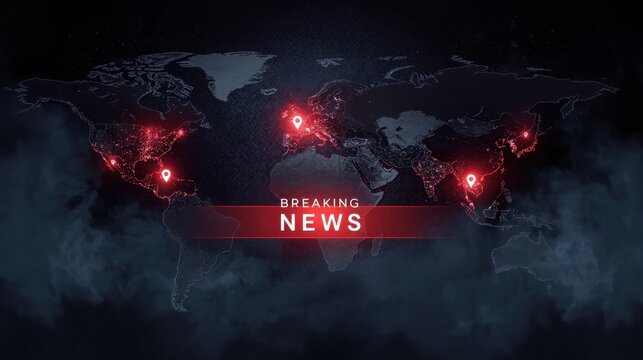 A dramatic world map with breaking news alerts displayed on a dark background