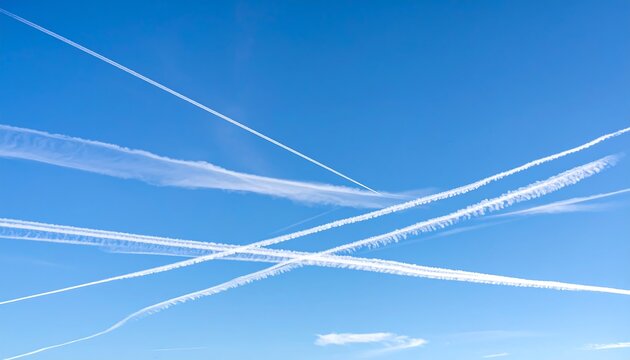 Bright, expansive daytime sky filled with crisscrossing contrails. Their white streaks contrast sharply against the blue