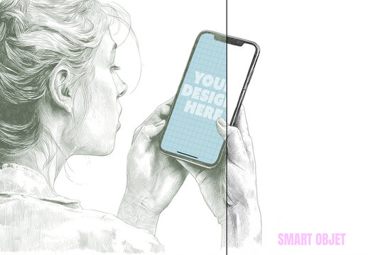 Hand-Drawn Smartphone Mockup with Female Illustration Holding Mobile