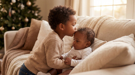 Obraz premium National Siblings Day older brother kissing baby brother with tender love showing sibling affection for family greeting cards social media content