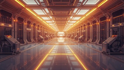 Obraz premium Futuristic Sci-Fi Corridor with Orange Lighting and Sleek Design