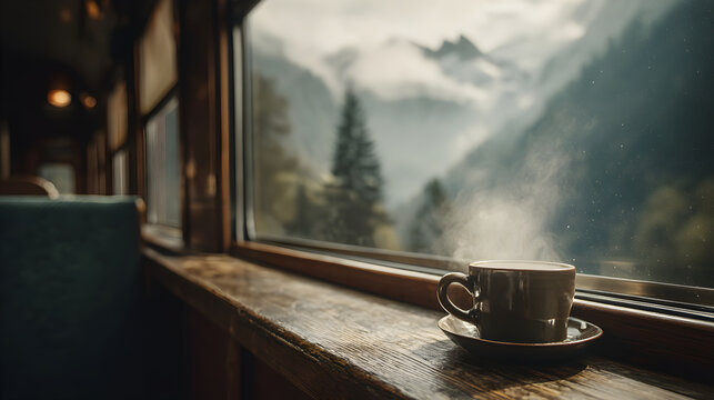 Steaming cup on train window sill during journey through mountains